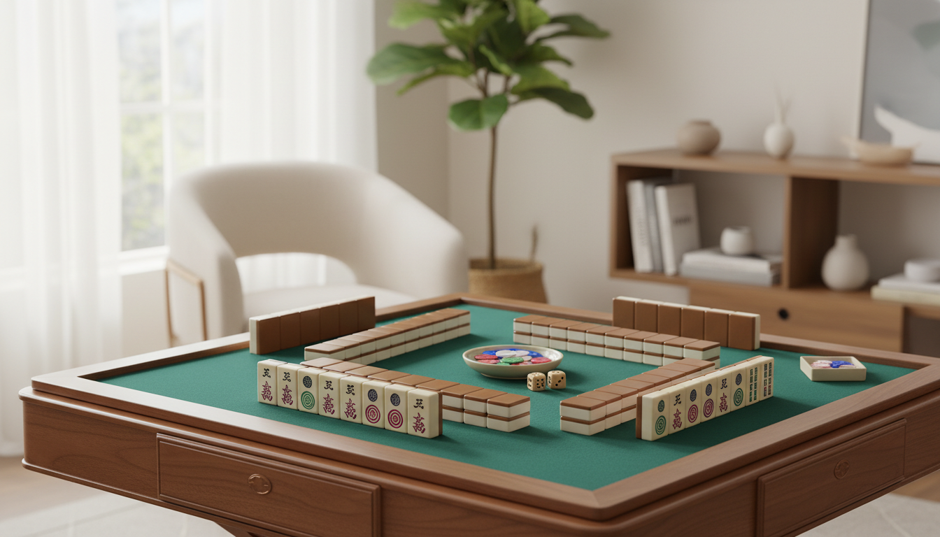 Mahjong table set up for play with tiles standing in racks and dice Image