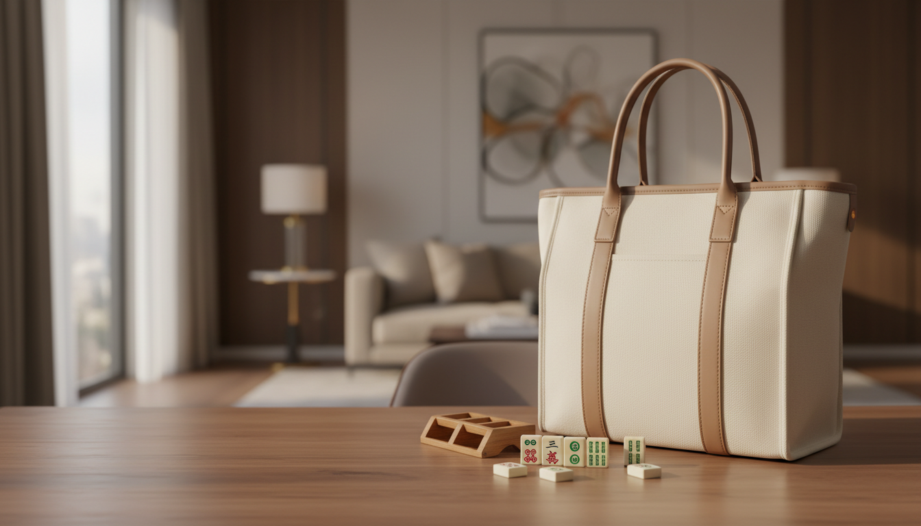 Mahjong tote bag on a table with a set of tiles arranged beside it Image