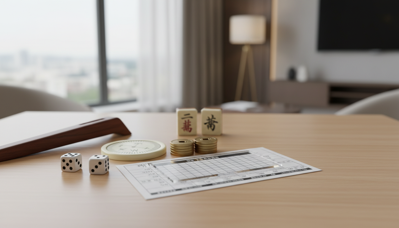 Mahjong accessories including pushers, dice and a line reader on a table Image