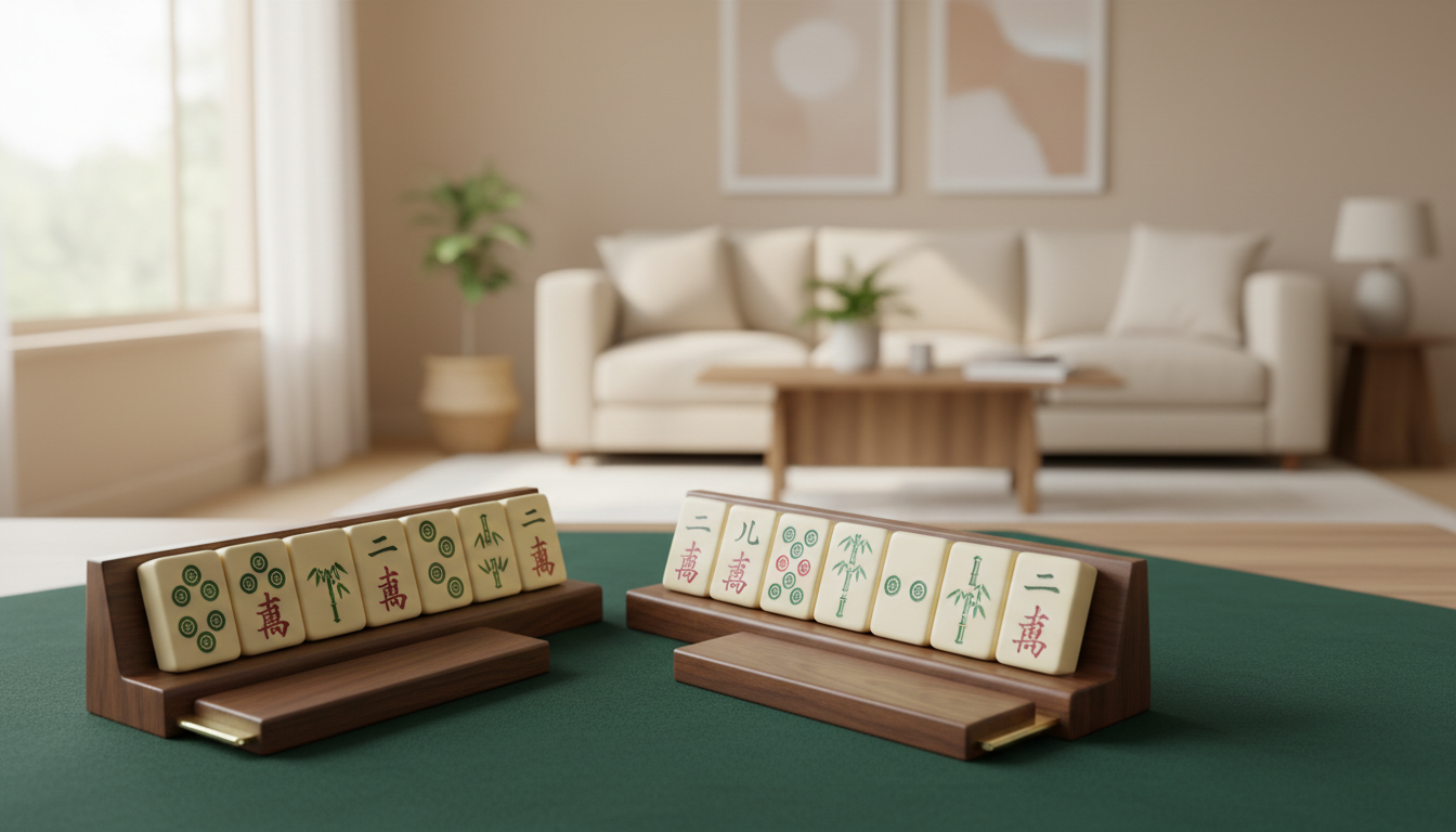 Wooden mahjong tile racks with pushers holding cream tiles on a green playing mat Image