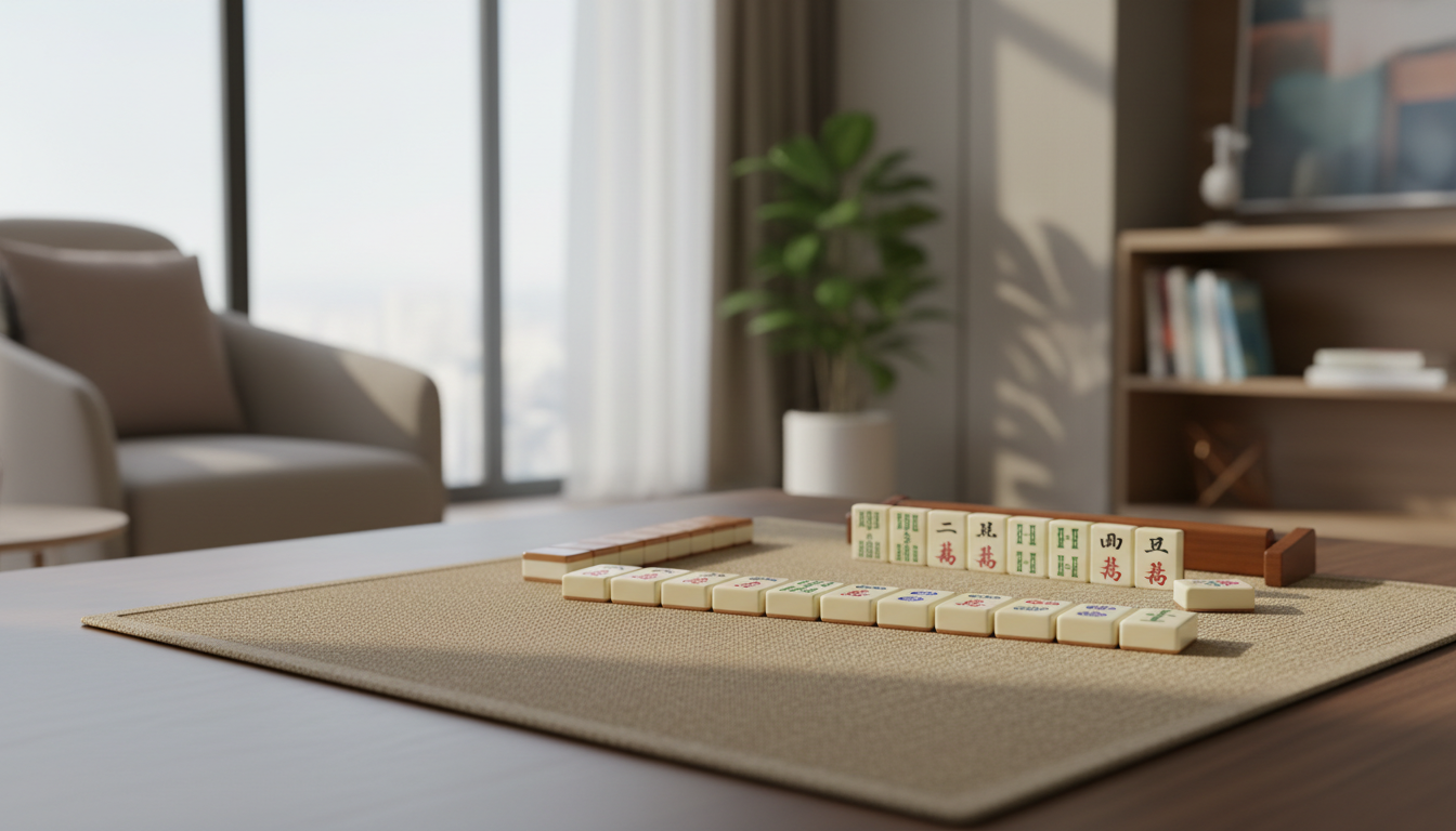 Green mahjong playing mat with tiles and a rack set up for a game Image