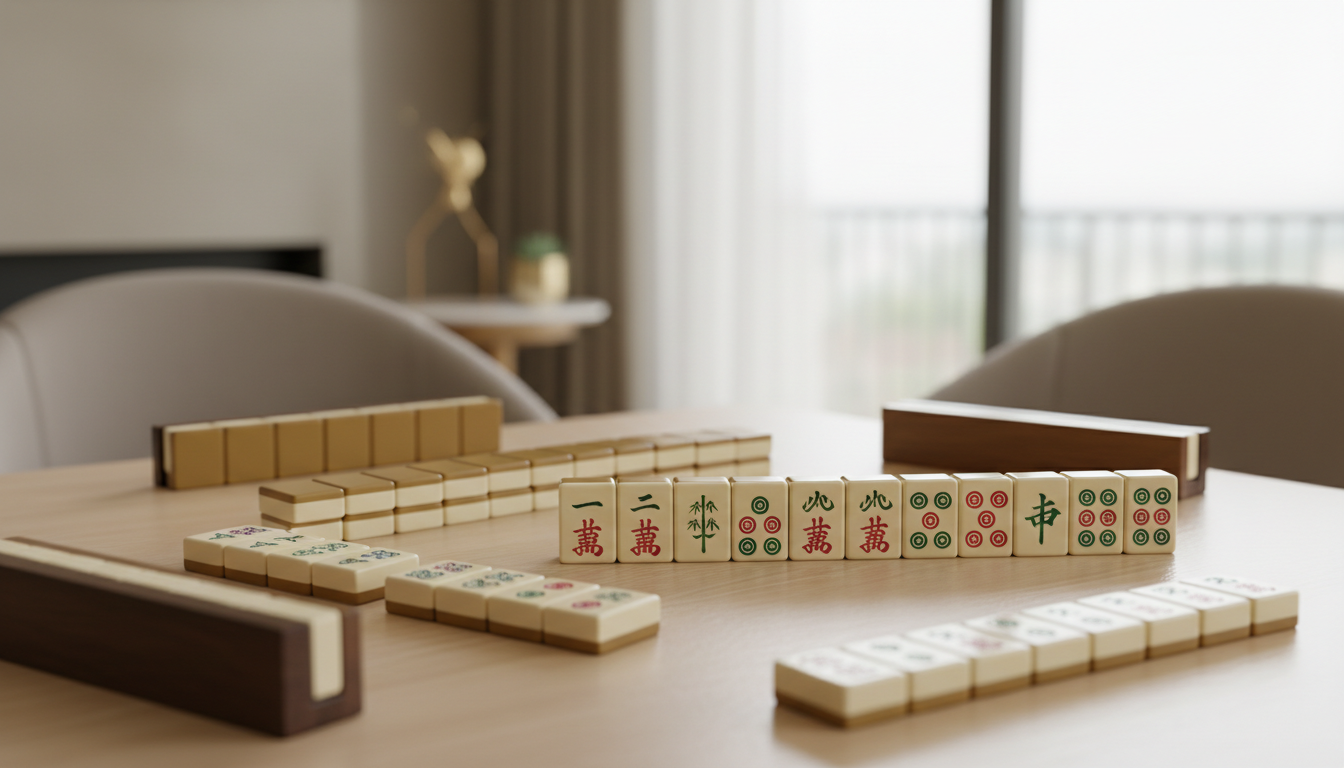 Authentic American mahjong tiles with engraved bamboo, dots and character symbols in a rack Image