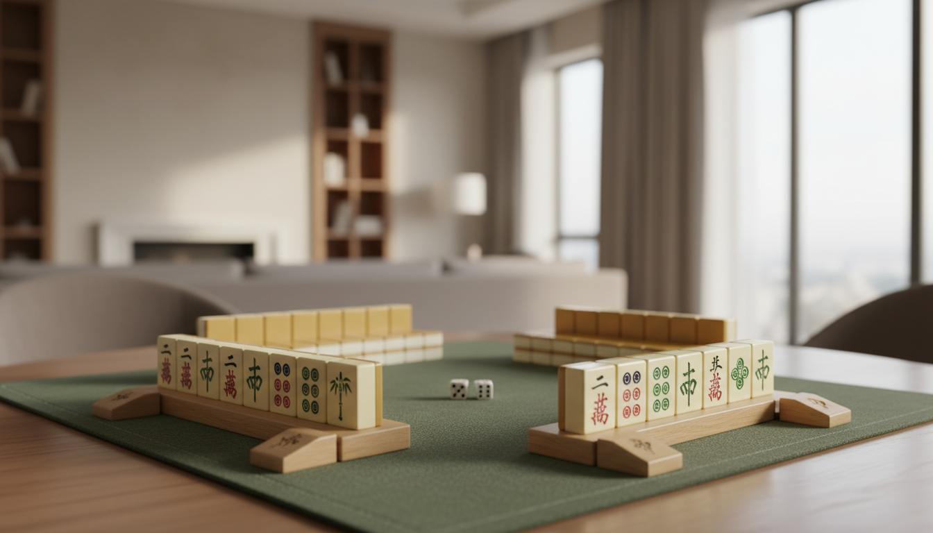 Complete American mahjong set with cream tiles standing in wooden racks on a green mat Image