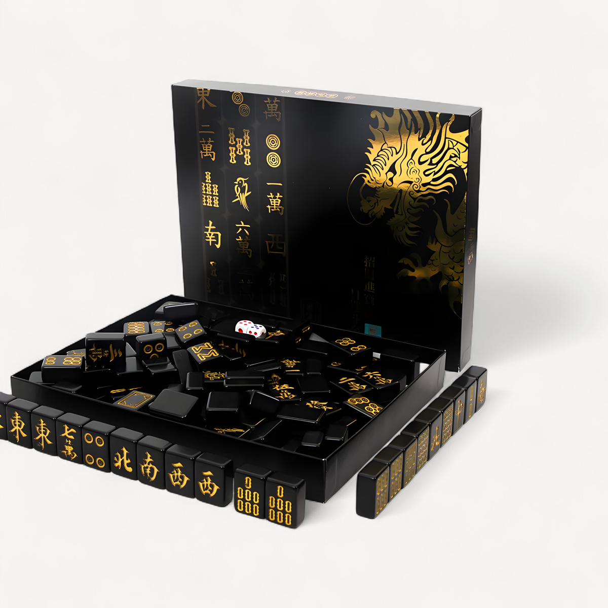 144 Pieces Black Gold Mahjong Tiles Set Household Mini Size Portable Outdoor Level Family Party Game Mahjong with Chips (black gold mahjong set)