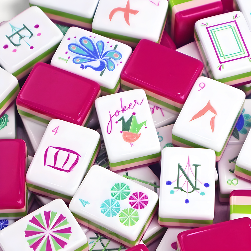 4 Layer Acrylic Mahjong Game American Mahjong Tile Set for Adults 160pcs Mahjong Tiles with Pink Back Portable Travel Set (green acrylic mahjong set)