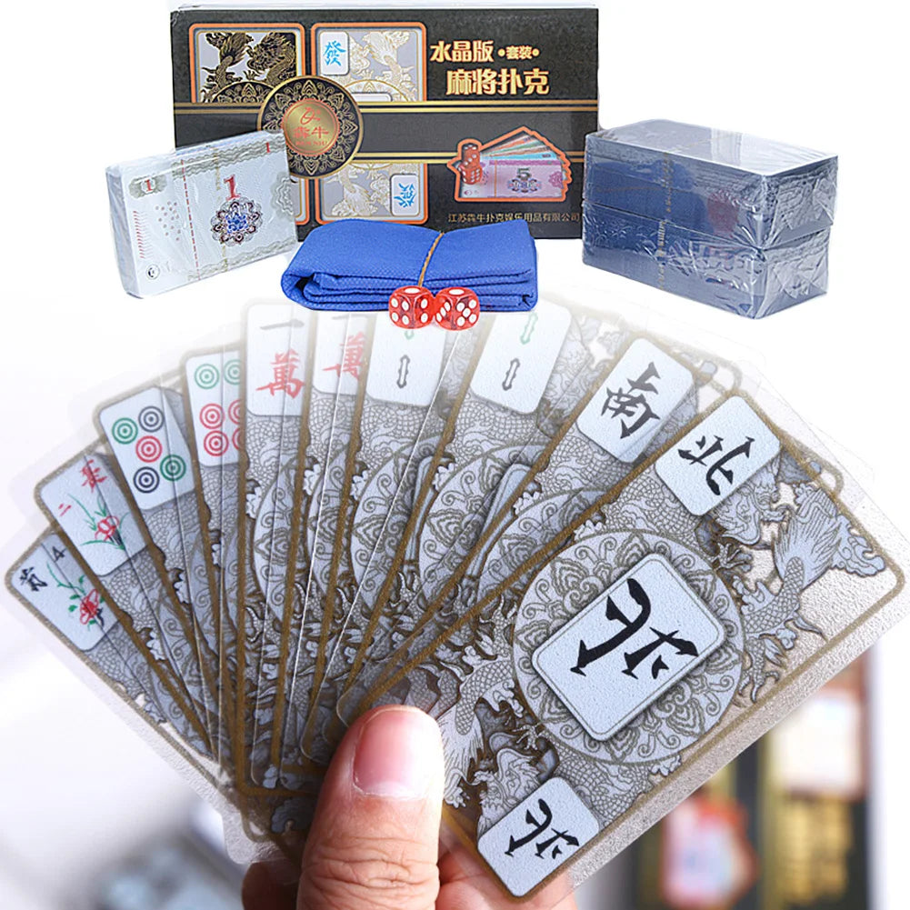 Crystal Mahjong Set Waterproof Portable Plastic Mahjong Playing Cards Set With 2 Dices Flannelette Bag For Family Gathering Part (waterproof mahjong set)