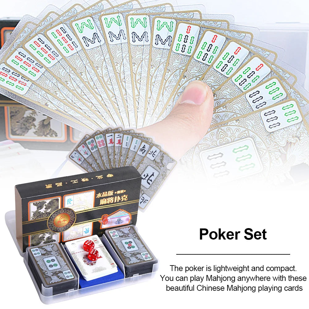 Crystal Mahjong Set Waterproof Portable Plastic Mahjong Playing Cards Set With 2 Dices Flannelette Bag For Family Gathering Part (waterproof mahjong set)