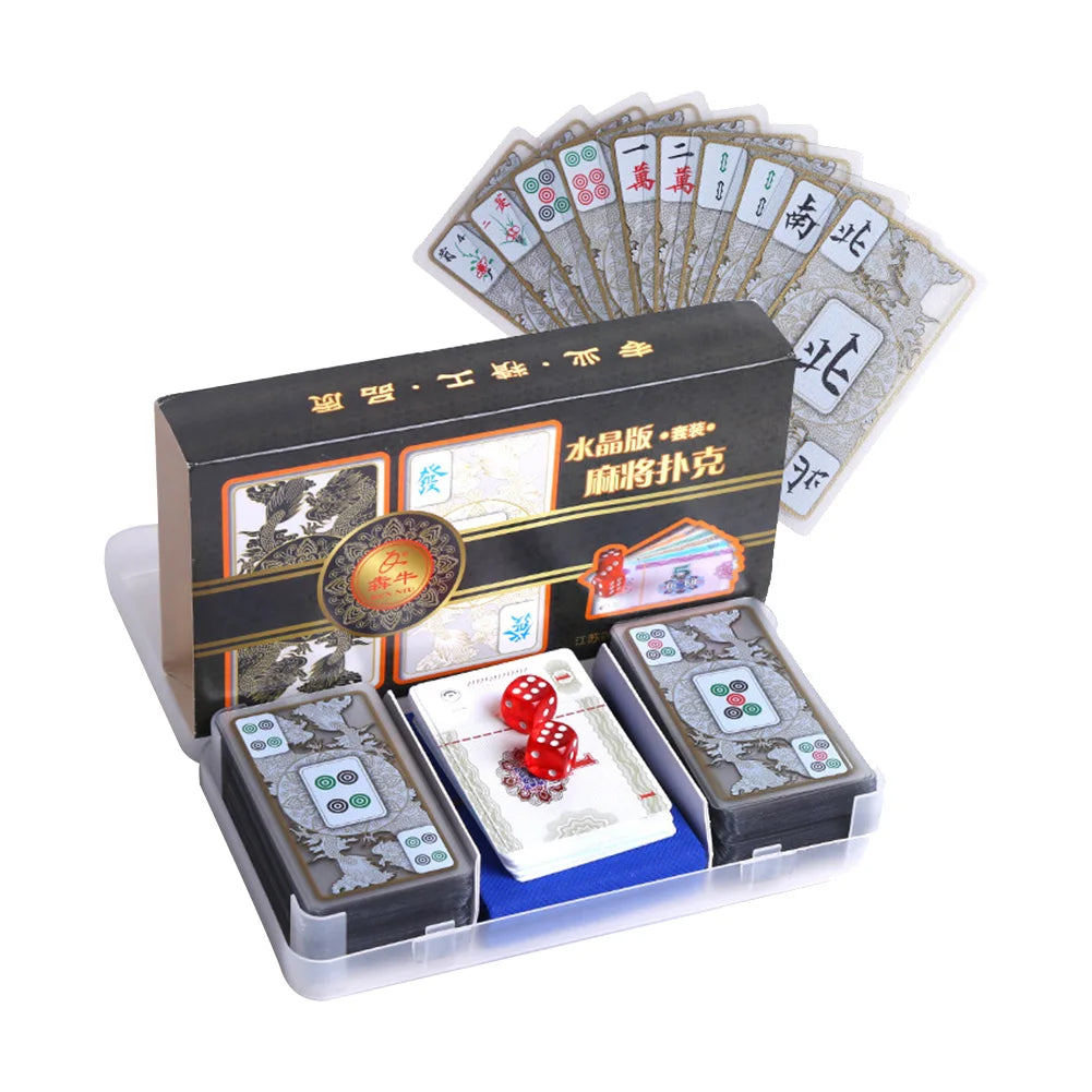 Crystal Mahjong Set Waterproof Portable Plastic Mahjong Playing Cards Set With 2 Dices Flannelette Bag For Family Gathering Part (waterproof mahjong set)