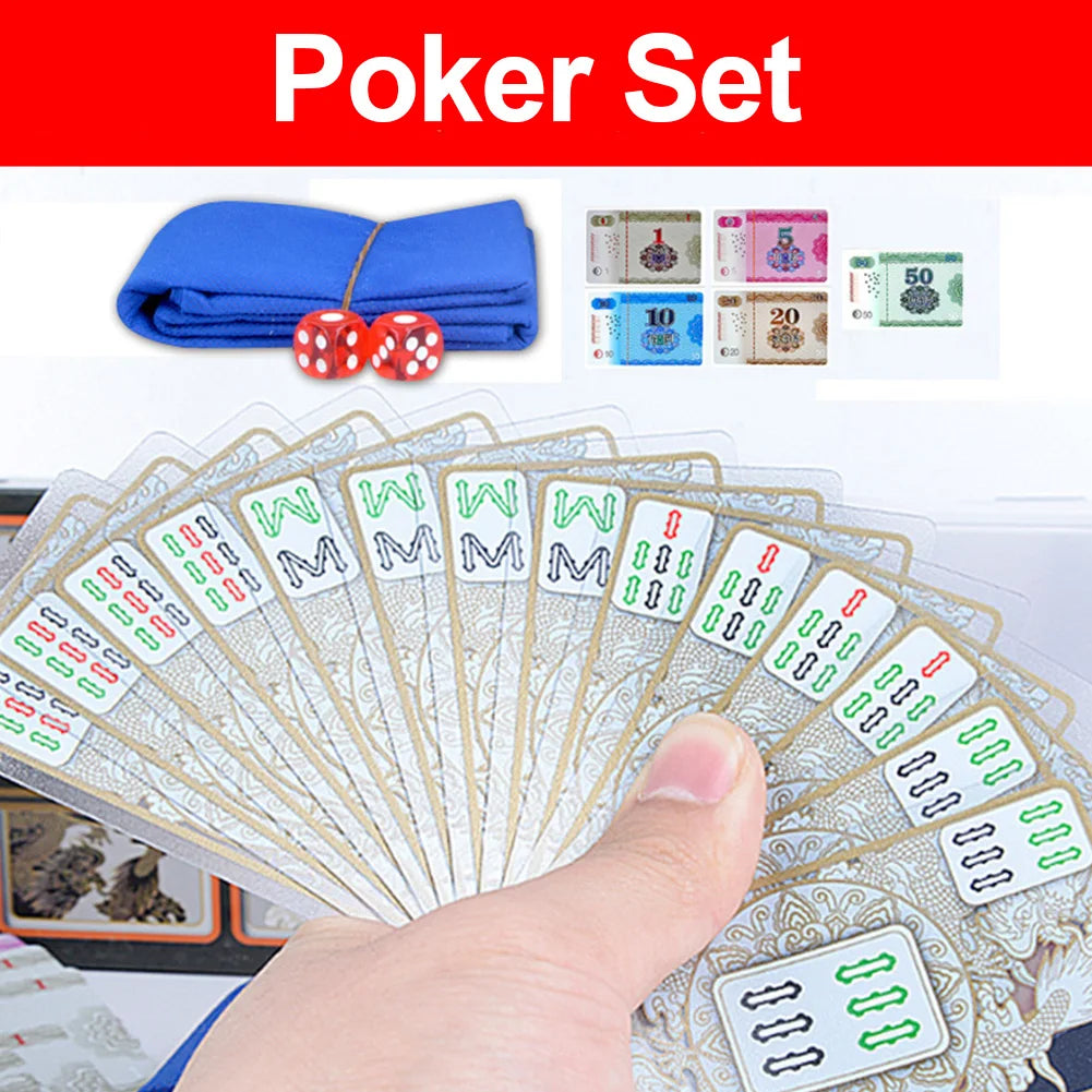 Crystal Mahjong Set Waterproof Portable Plastic Mahjong Playing Cards Set With 2 Dices Flannelette Bag For Family Gathering Part (waterproof mahjong set)