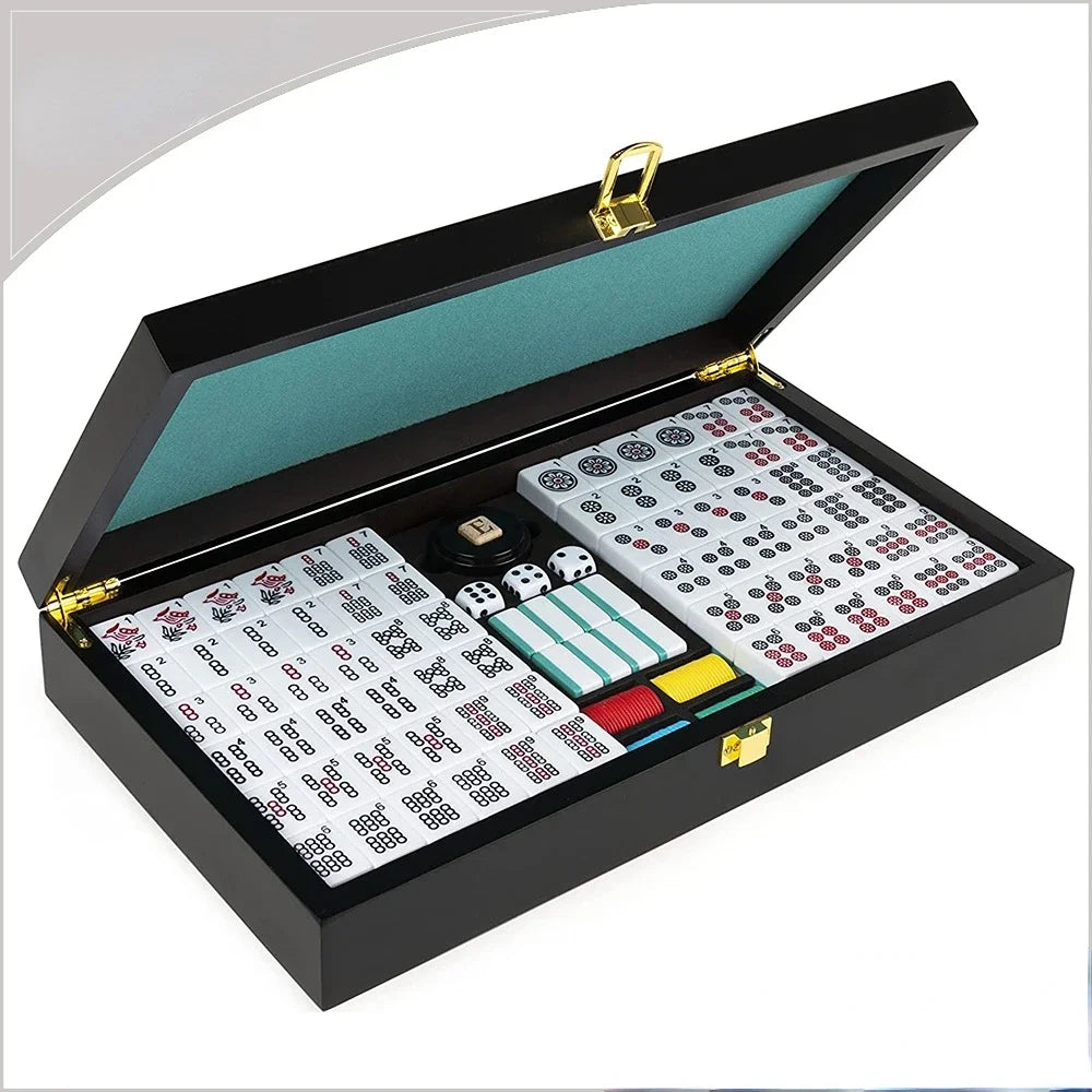 Luxury classic mahjong game set, 152 mahjong cards, with wooden storage box, suitable for indoor games (mahjong card set wooden box)