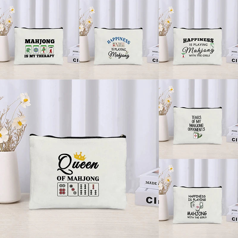 Mahjong Print Canvas Cosmetic Bag Zipper Storage Pencil Bags Wallet Travel Perfume Lipstick Makeup Bags Gift for Gambling Lover (mahjong cosmetic bag)