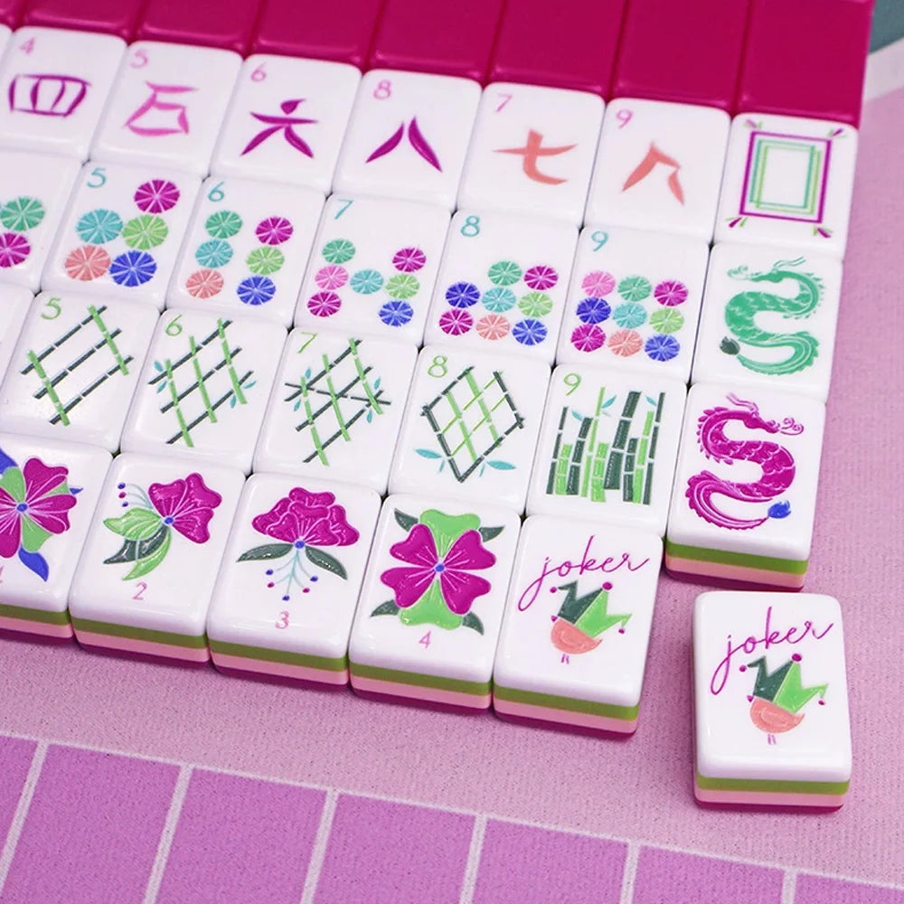 4 Layer Acrylic Mahjong Game American Mahjong Tile Set for Adults 160pcs Mahjong Tiles with Pink Back Portable Travel Set (green acrylic mahjong set)