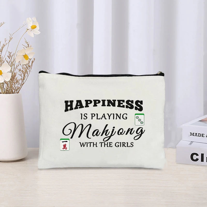 Mahjong Print Canvas Cosmetic Bag Zipper Storage Pencil Bags Wallet Travel Perfume Lipstick Makeup Bags Gift for Gambling Lover (mahjong cosmetic bag)