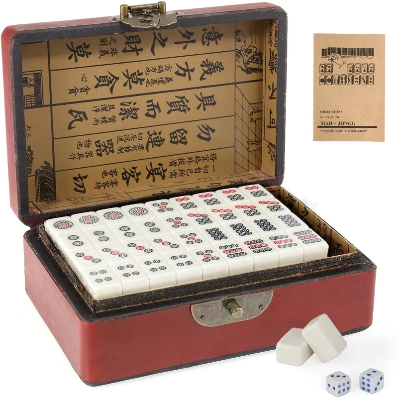 144 Tiles Mini Chinese Mahjong Set with Antique Storage Box (mahjong set antique box)