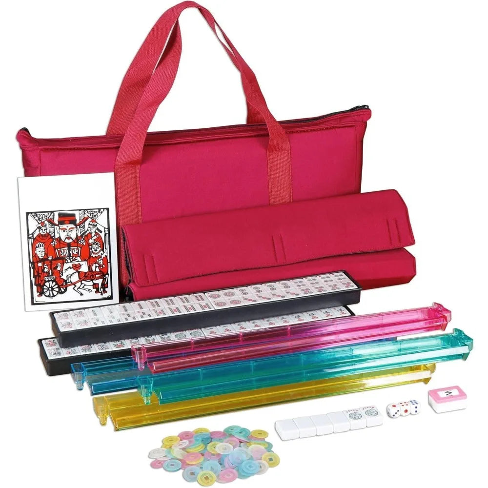 Complete American Mahjong Set with 166 Tiles 4 Colors All-in-One Rack Pushers Red Soft Bag and Accessories for Gathering (american mahjong set 166 tiles)
