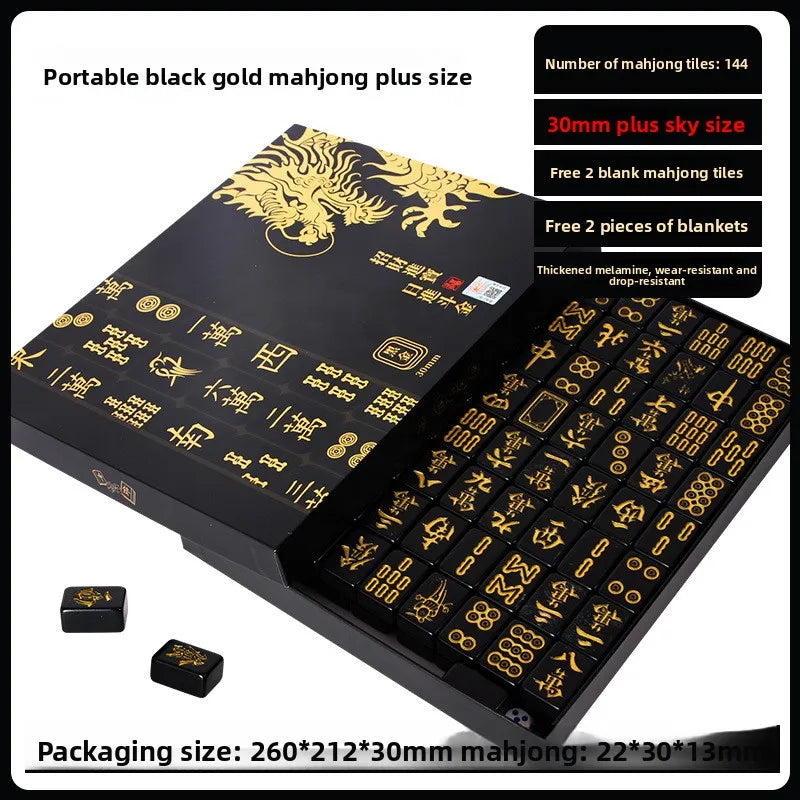 144 Pieces Black Gold Mahjong Tiles Set Household Mini Size Portable Outdoor Level Family Party Game Mahjong with Chips (black gold mahjong set)