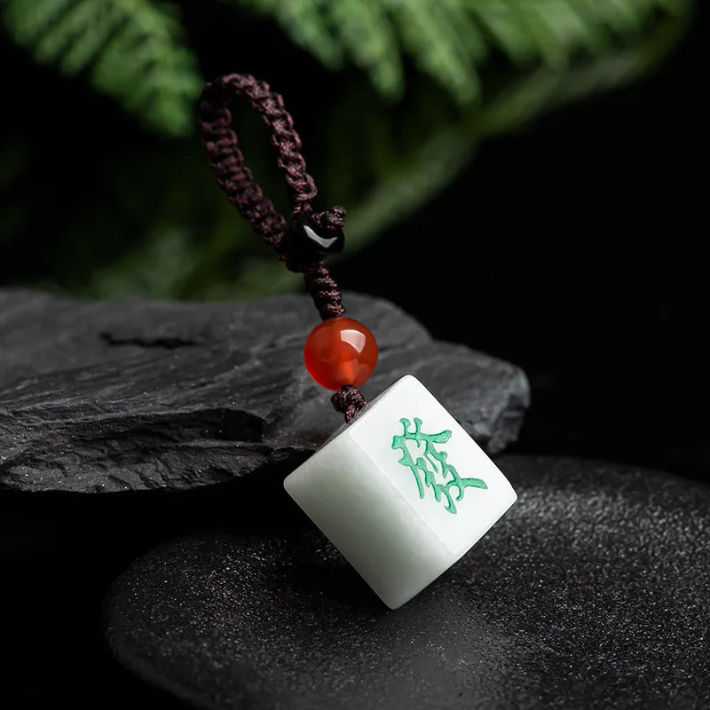 Burmese Jade Mahjong Keychain Bag Charm Phone Charm key holder Natural Cute Fashion White Keychains Jadeite Luxury (mahjong tile charm)