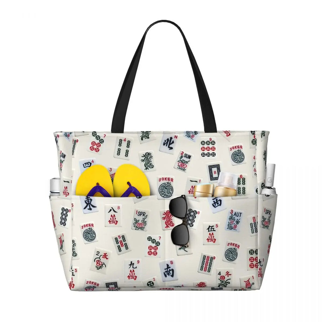 Mahjong Tile Green Dragon Vocan Beach Tote Bag Sport Gym Yoga Duffle Large Tote Bag Women Travel Bag Fitness bag (mahjong tote bag)