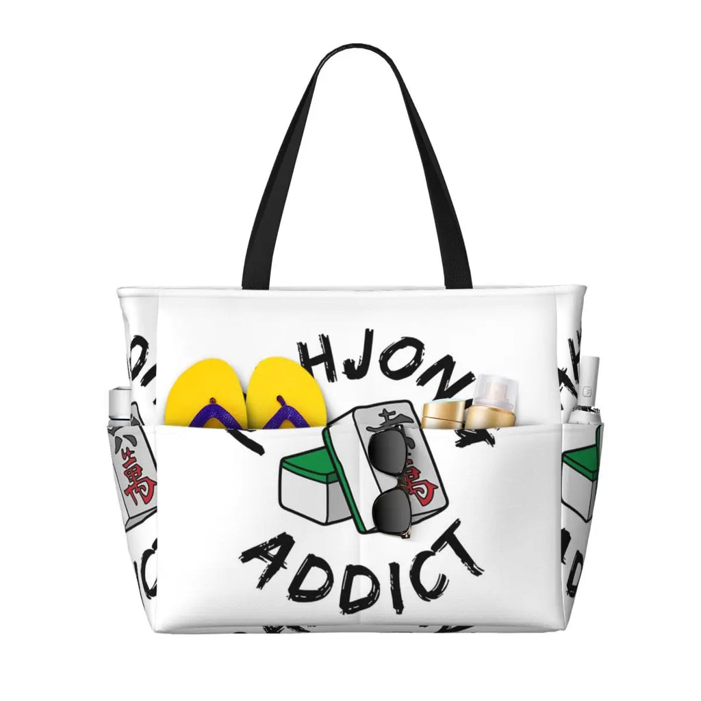 Mahjong Tile Green Dragon Vocan Beach Tote Bag Sport Gym Yoga Duffle Large Tote Bag Women Travel Bag Fitness bag (mahjong tote bag)