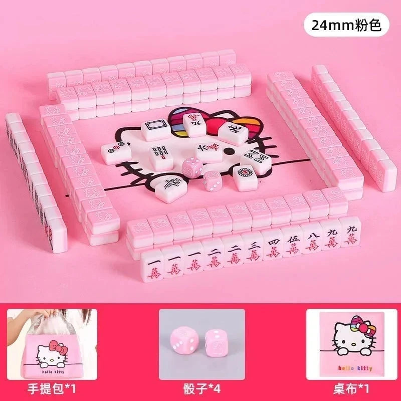 Sanrio Numbered Mahjong 144pcs Mini 24mm Hello Kitty Mahjong Full Set with Handbag Dice Pink Red Tiles for Fun Gathering Camping (hello kitty mahjong set)