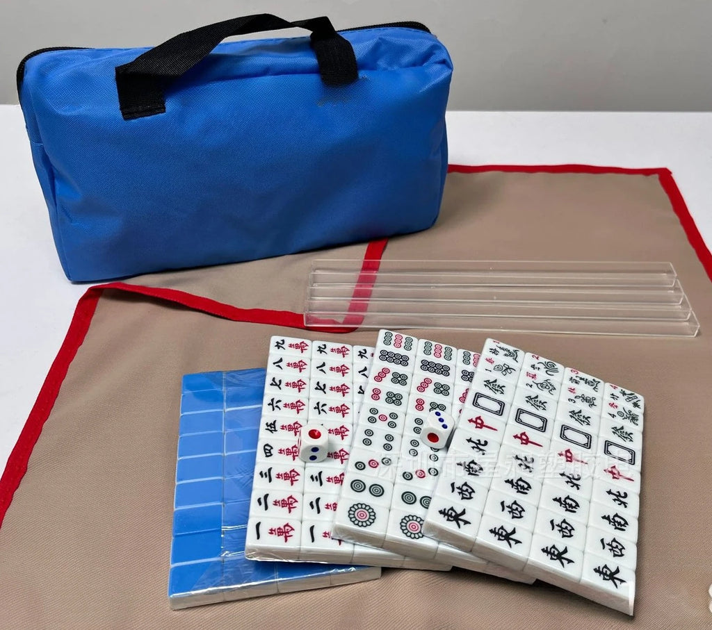 Chinese Numbered Mahjong Set 144 Tiles Portable Mini Mah-Jong Block with Handbag Dice Ruler Mahjong Board Game for Fun Camping (mahjong set with handbag)