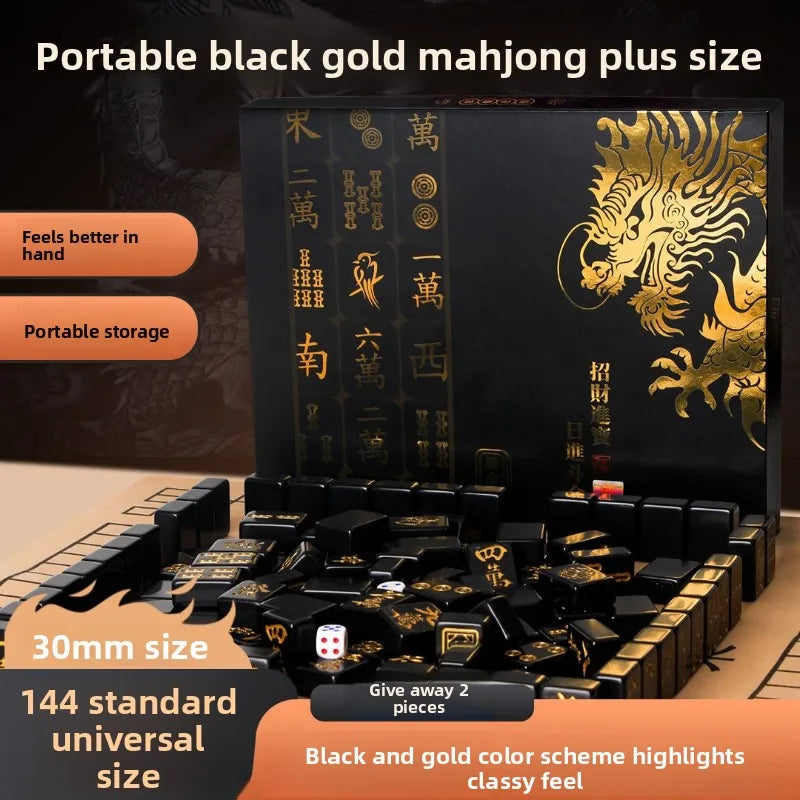 144 Pieces Black Gold Mahjong Tiles Set Household Mini Size Portable Outdoor Level Family Party Game Mahjong with Chips (black gold mahjong set)
