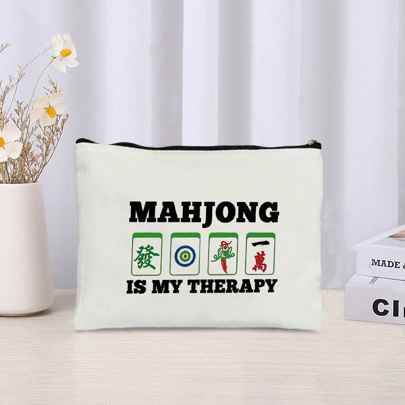 Mahjong Print Canvas Cosmetic Bag Zipper Storage Pencil Bags Wallet Travel Perfume Lipstick Makeup Bags Gift for Gambling Lover (mahjong cosmetic bag)
