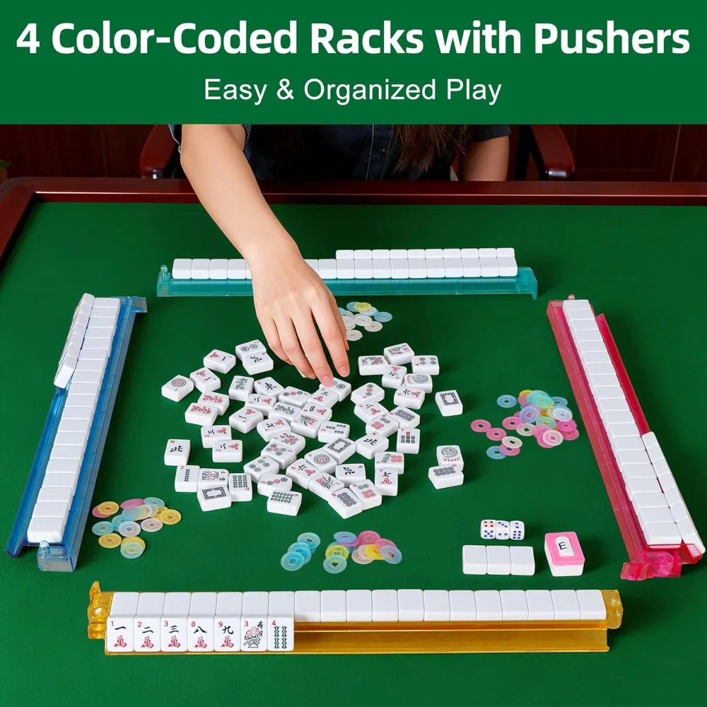 Complete American Mahjong Set with 166 Tiles 4 Colors All-in-One Rack Pushers Red Soft Bag and Accessories for Gathering (american mahjong set 166 tiles)
