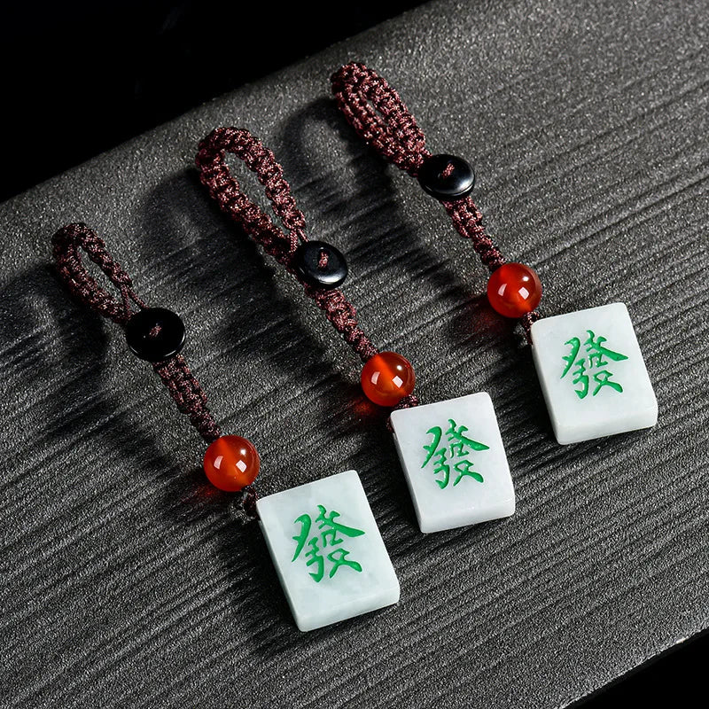 Burmese Jade Mahjong Keychain Bag Charm Phone Charm key holder Natural Cute Fashion White Keychains Jadeite Luxury (mahjong tile charm)