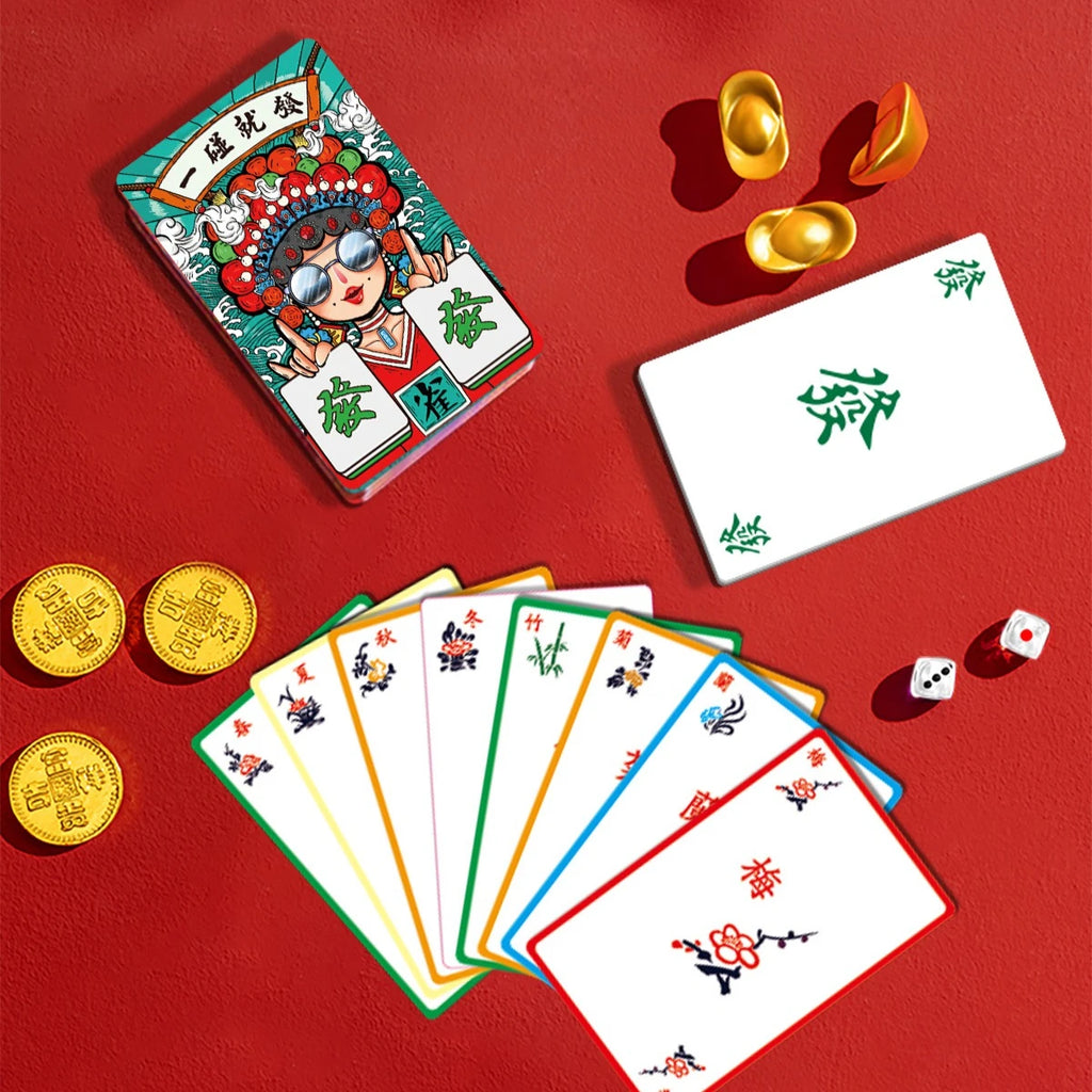 China-Chic Outdoor Mahjong Card Thickened Portable Travel Card Home Mute 144 waterproof Mahjong playing cards (mahjong playing cards)