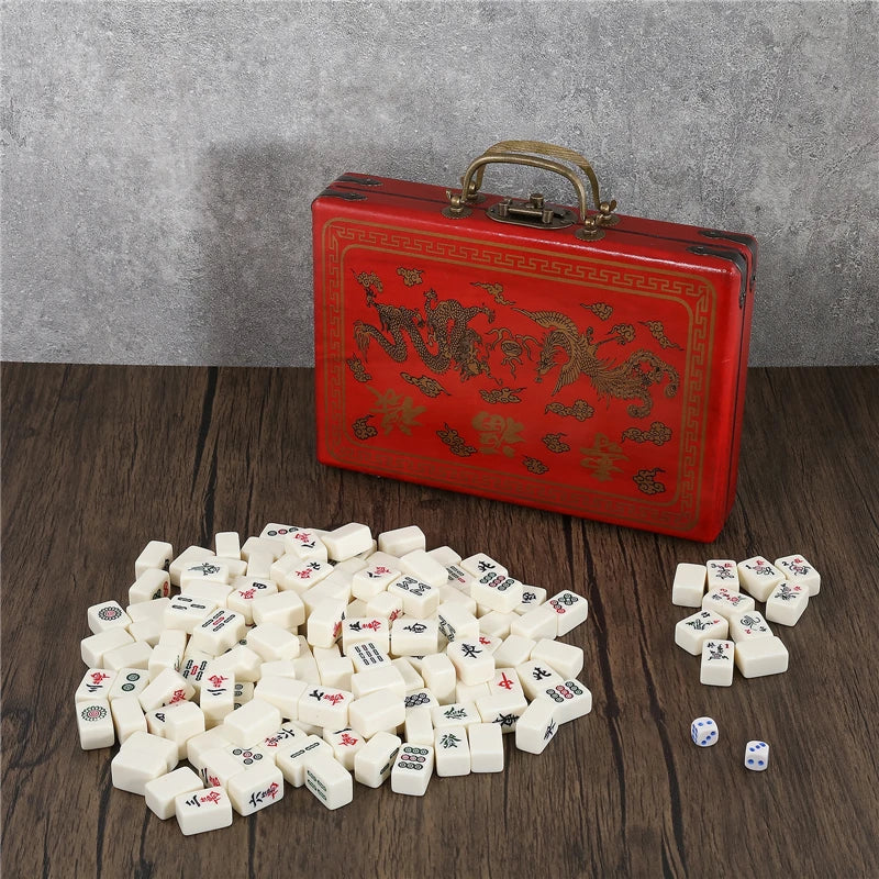 144 Tiles Mini Chinese Numbered Mahjong Set with Antique Storage Box Chinese Traditional Mahjong Family Tabletop Game Leisure (antique box mahjong set)
