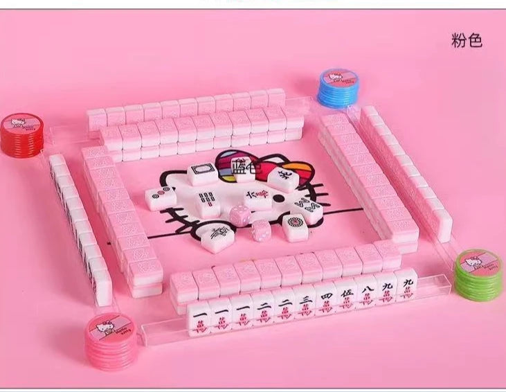 Sanrio Numbered Mahjong 144pcs Mini 24mm Hello Kitty Mahjong Full Set with Handbag Dice Pink Red Tiles for Fun Gathering Camping (hello kitty mahjong set)