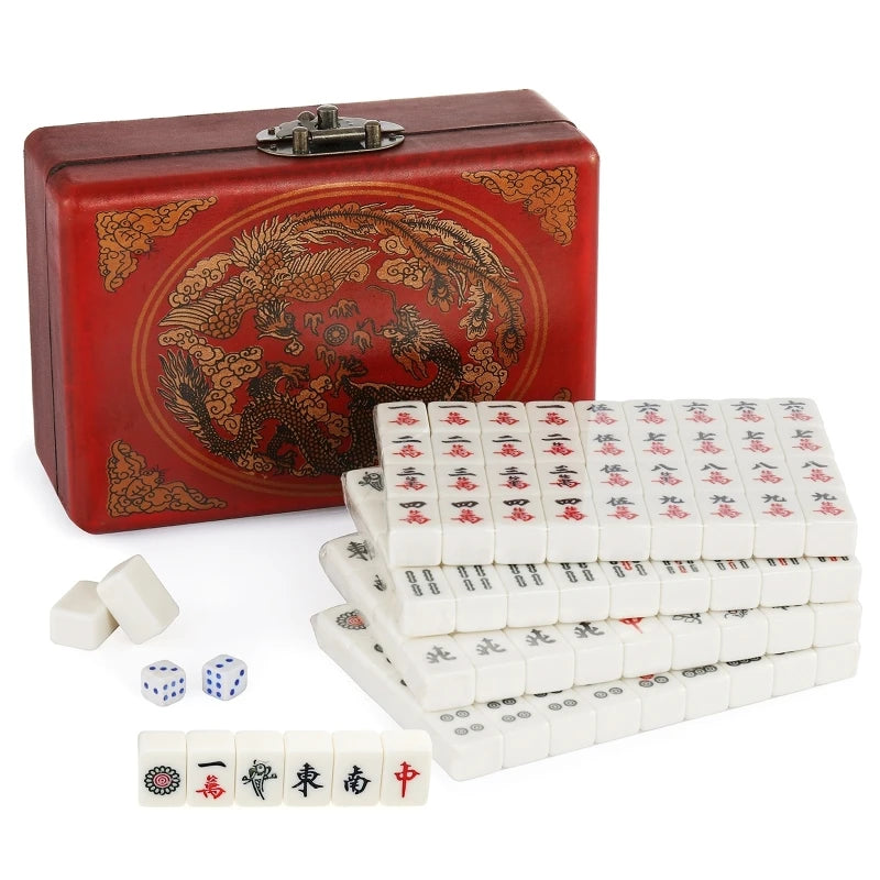 144 Tiles Mini Chinese Mahjong Set with Antique Storage Box (mahjong set antique box)