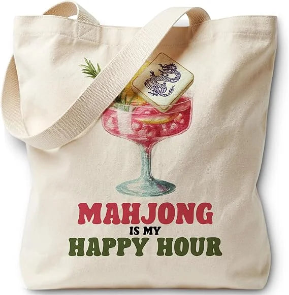 Mahjong Cocktail Tote Bag Versatile Canvas Shoulder Bag for Women Casual Reusable Picnic Beach Shopping Handbag Minimalist White (mahjong leather shoulder bag)