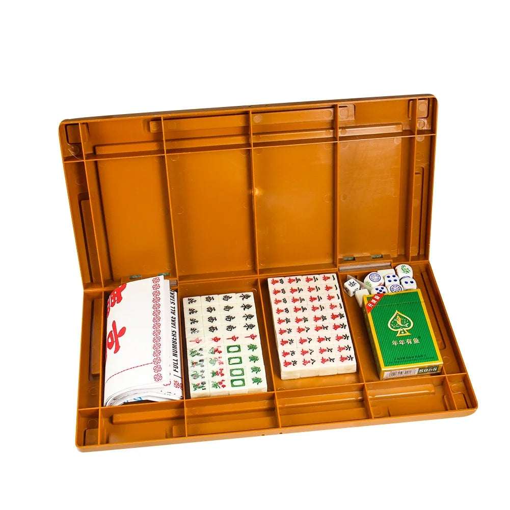 Mini Travel Mahjong Set Portable Mahjiang Tiles with Table Dice Chinese Toy Party Gambling Board Games 4 in 1144 Tiles Mah Jong (mahjong set with table)
