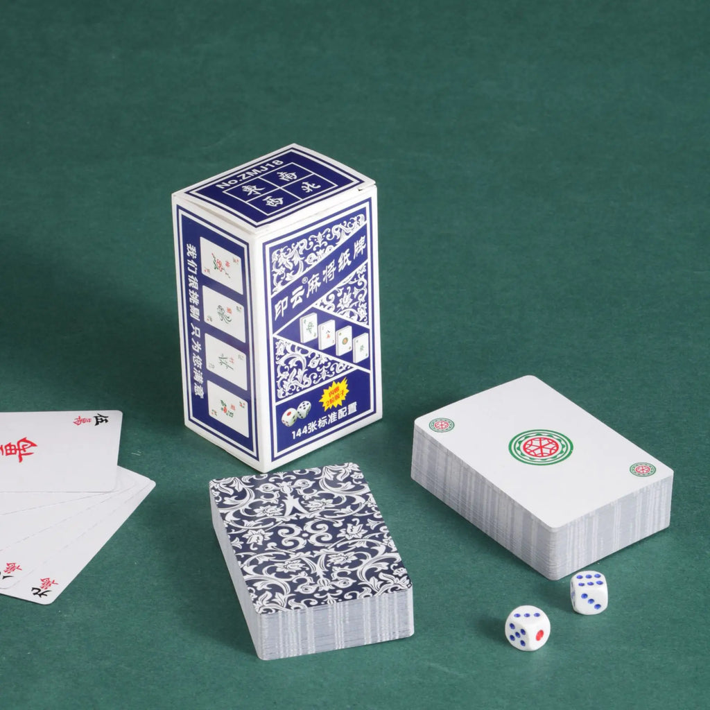 Chinese Mahjong Cards (144 Tiles) - Classic Blue & White Porcelain Design, Portable Travel Set with Dices (blue and white mahjong cards)