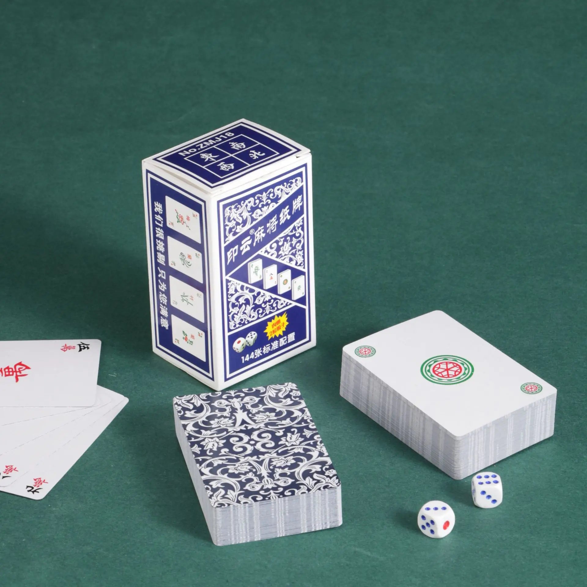 Chinese Mahjong Cards (144 Tiles) - Classic Blue & White Porcelain Design, Portable Travel Set with Dices (blue and white mahjong cards)