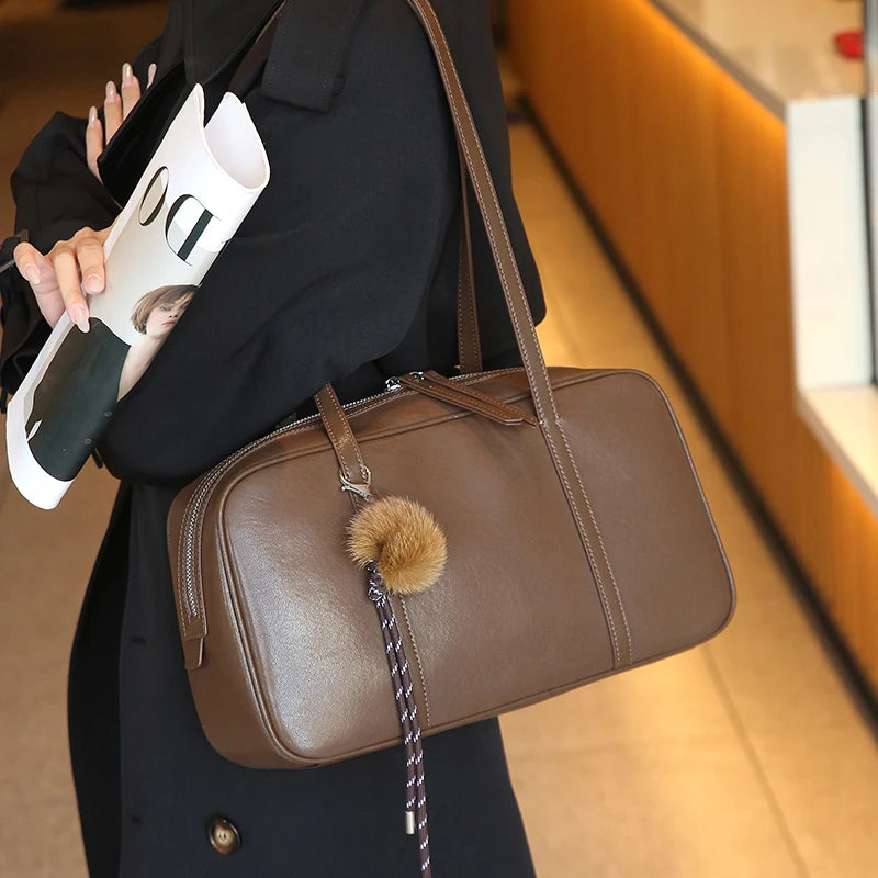 Women's Cow Genuine Leather Shoulder Bags Ladies Fashion Designer Luxury Handbags Female Retro Commute Boston Cowhide Handbag (mahjong canvas tote)