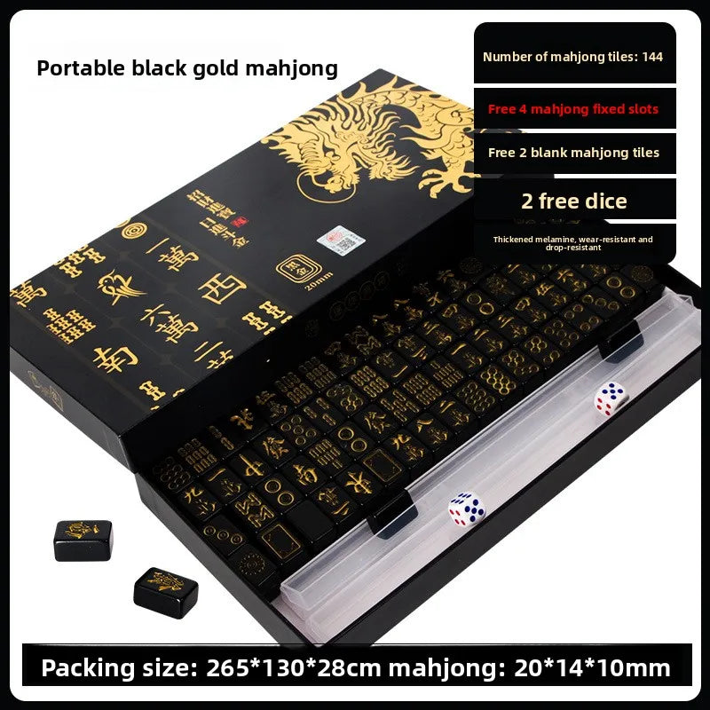 144 Pieces Black Gold Mahjong Tiles Set Household Mini Size Portable Outdoor Level Family Party Game Mahjong with Chips (black gold mahjong set)