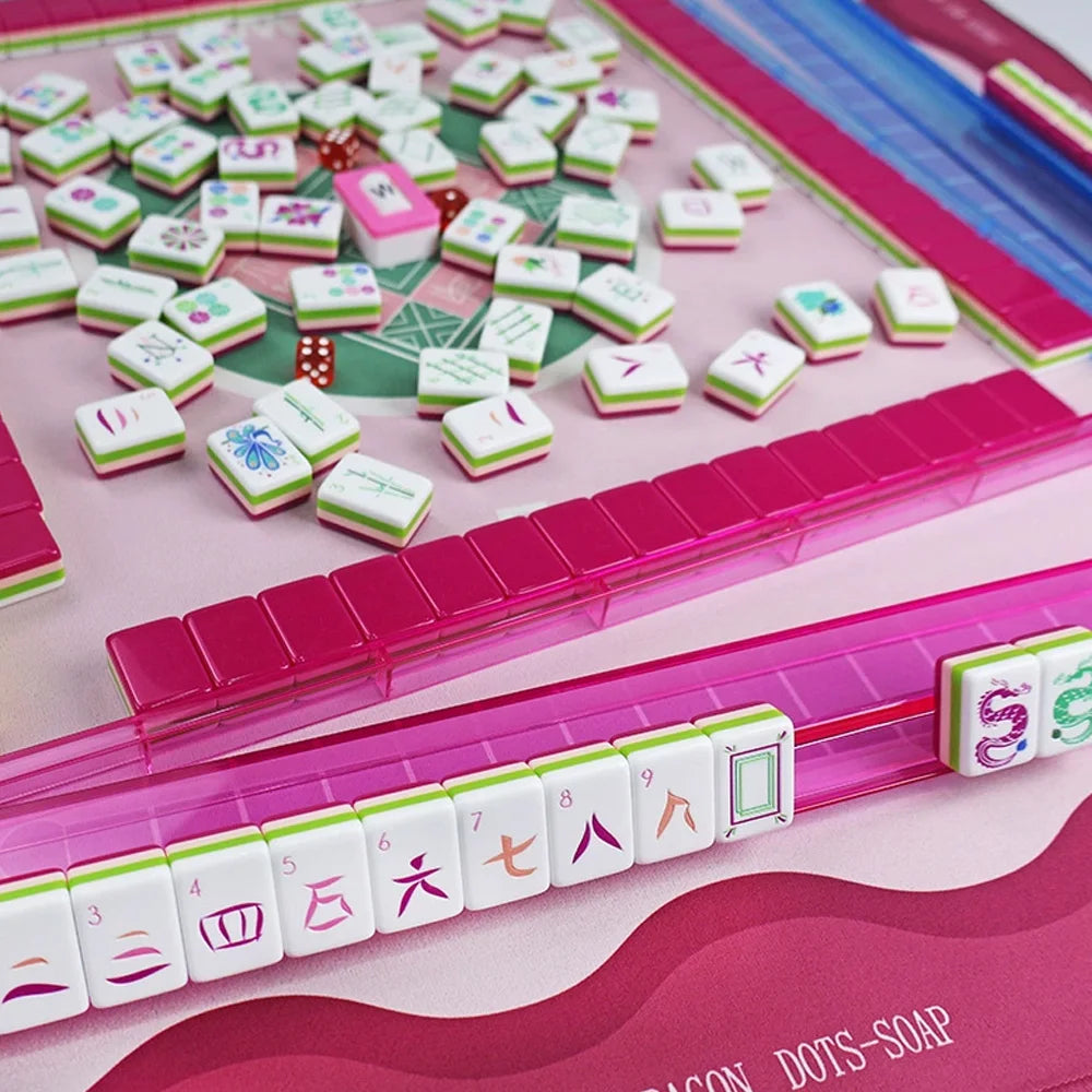 4 Layer Acrylic Mahjong Game American Mahjong Tile Set for Adults 160pcs Mahjong Tiles with Pink Back Portable Travel Set (green acrylic mahjong set)