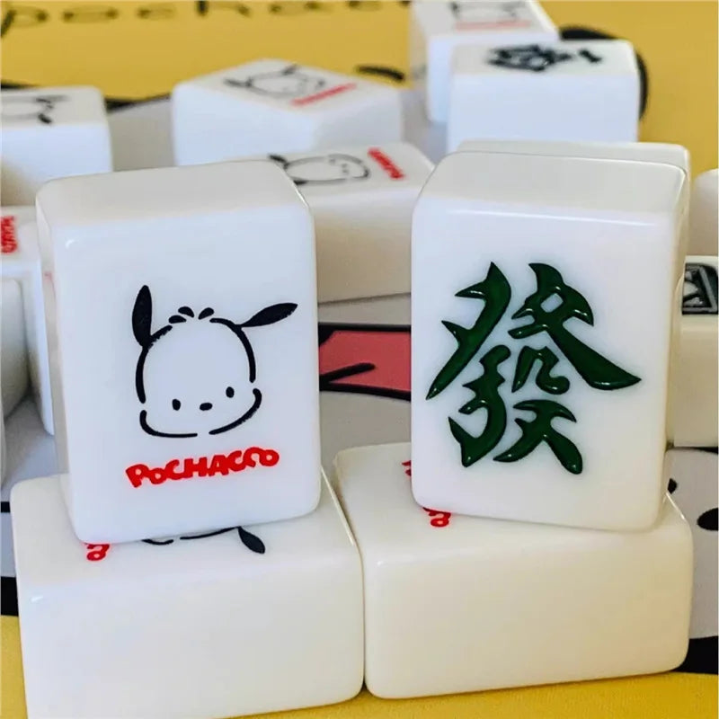 Small 26mm Sanrio Melody Mahjong Set with Numbers Kuromi Pochacco Hello Kitty Puzzle Board Game Chess Cards Friends Family Gift (kuromi mahjong set)