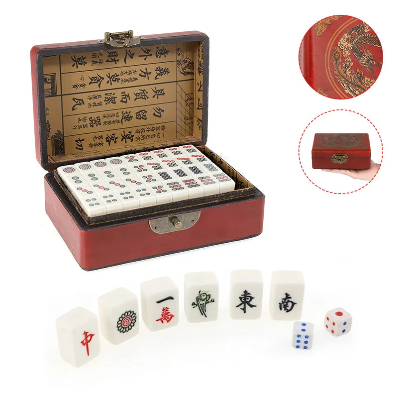 Chinese Mahjong Game Set 144 White Engraved Mini Tiles For Family Party Portable Chinese Numbered Mahjong Toy Set with Box (white engraved mahjong set)