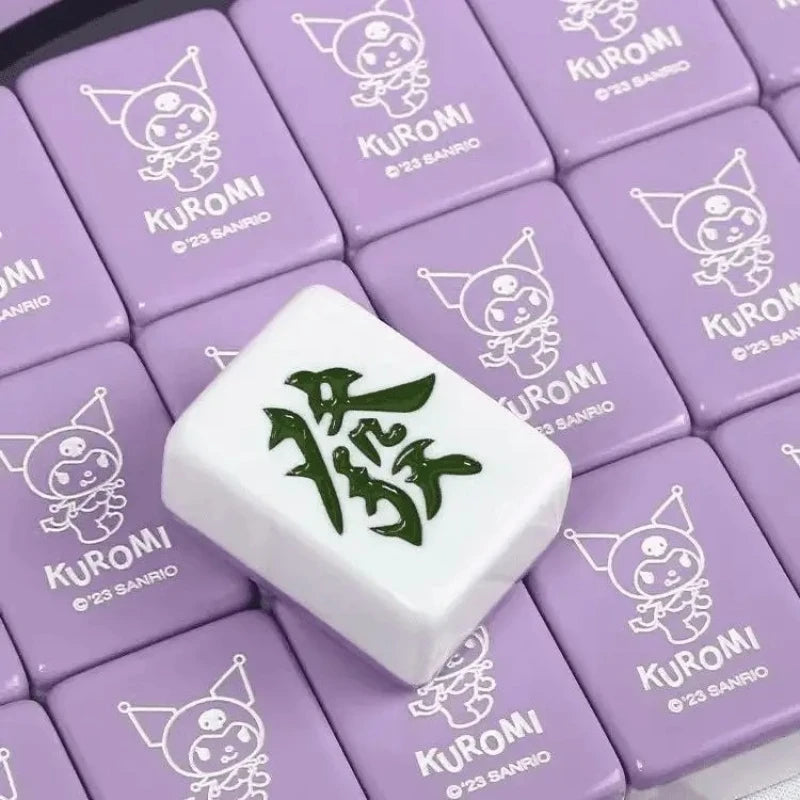 Small 26mm Sanrio Melody Mahjong Set with Numbers Kuromi Pochacco Hello Kitty Puzzle Board Game Chess Cards Friends Family Gift (kuromi mahjong set)