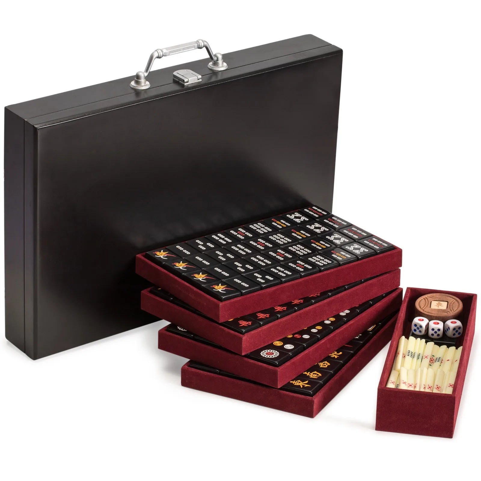 Chinese Mahjong Game Set Jet Set with 148 Black Tiles and Wooden Case (black tile mahjong set)