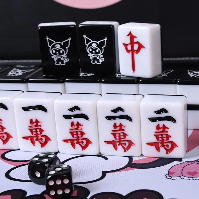 Sanrio Kuromi Mahjong Set 144 Tiles Travel Portable Mini 26mm Engraved Black Mahjong Tiles for Beginners Family Party Games Gift (kuromi mahjong tiles)
