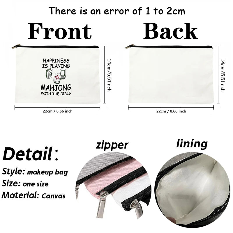 Mahjong Print Canvas Cosmetic Bag Zipper Storage Pencil Bags Wallet Travel Perfume Lipstick Makeup Bags Gift for Gambling Lover (mahjong cosmetic bag)