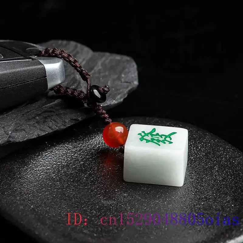 Burmese Jade Mahjong Keychain Strap Emerald Jadeite White Fashion Phone Charm Gift Jewelry Natural Lanyard Cute Car Accessories (mahjong tile keychain)