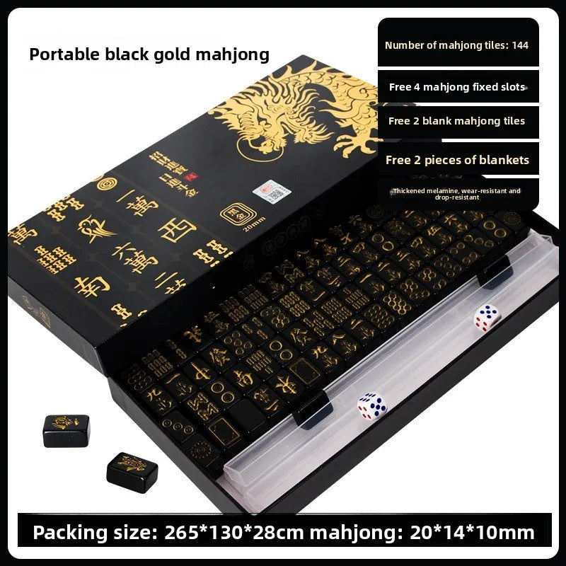 144 Pieces Black Gold Mahjong Tiles Set Household Mini Size Portable Outdoor Level Family Party Game Mahjong with Chips (black gold mahjong set)
