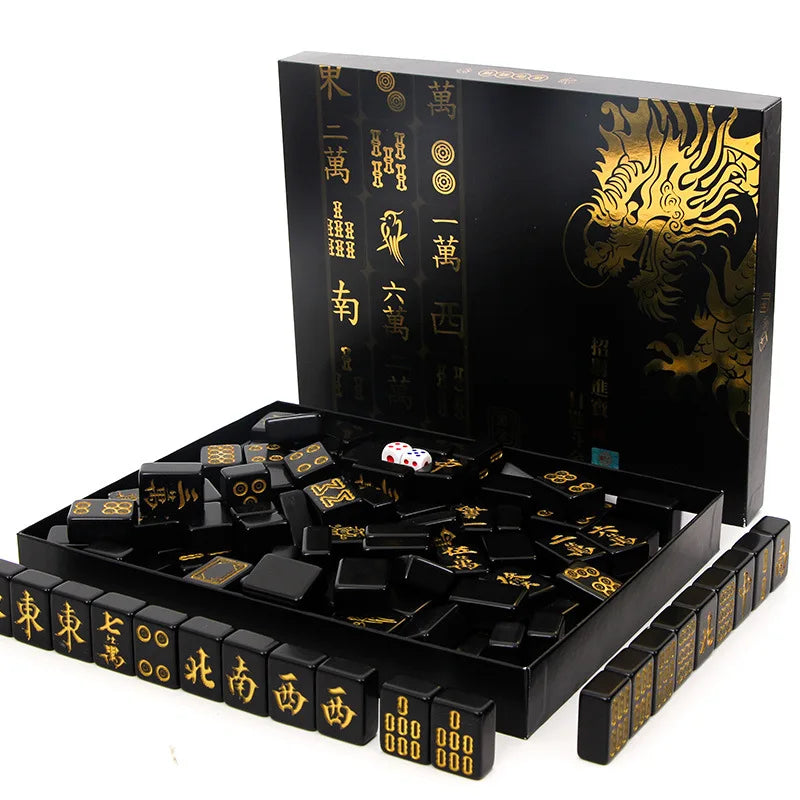 144 Pieces Black Gold Mahjong Tiles Set Household Mini Size Portable Outdoor Level Family Party Game Mahjong with Chips (black gold mahjong set)