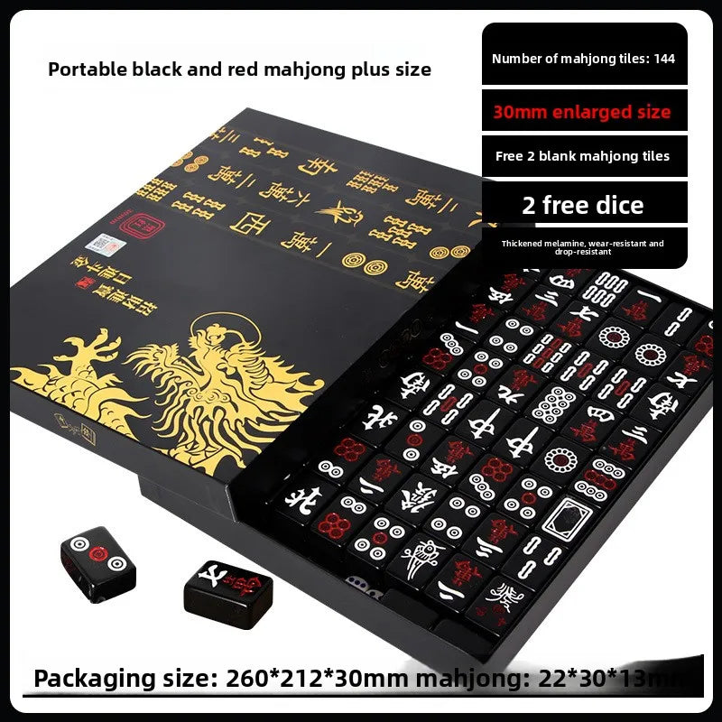 144 Pieces Black Gold Mahjong Tiles Set Household Mini Size Portable Outdoor Level Family Party Game Mahjong with Chips (black gold mahjong set)
